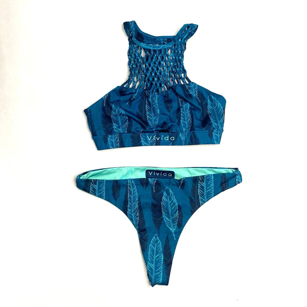 Bikini 2 piece reversible feather/teal pattern Swimwear Size 6 Small Boho